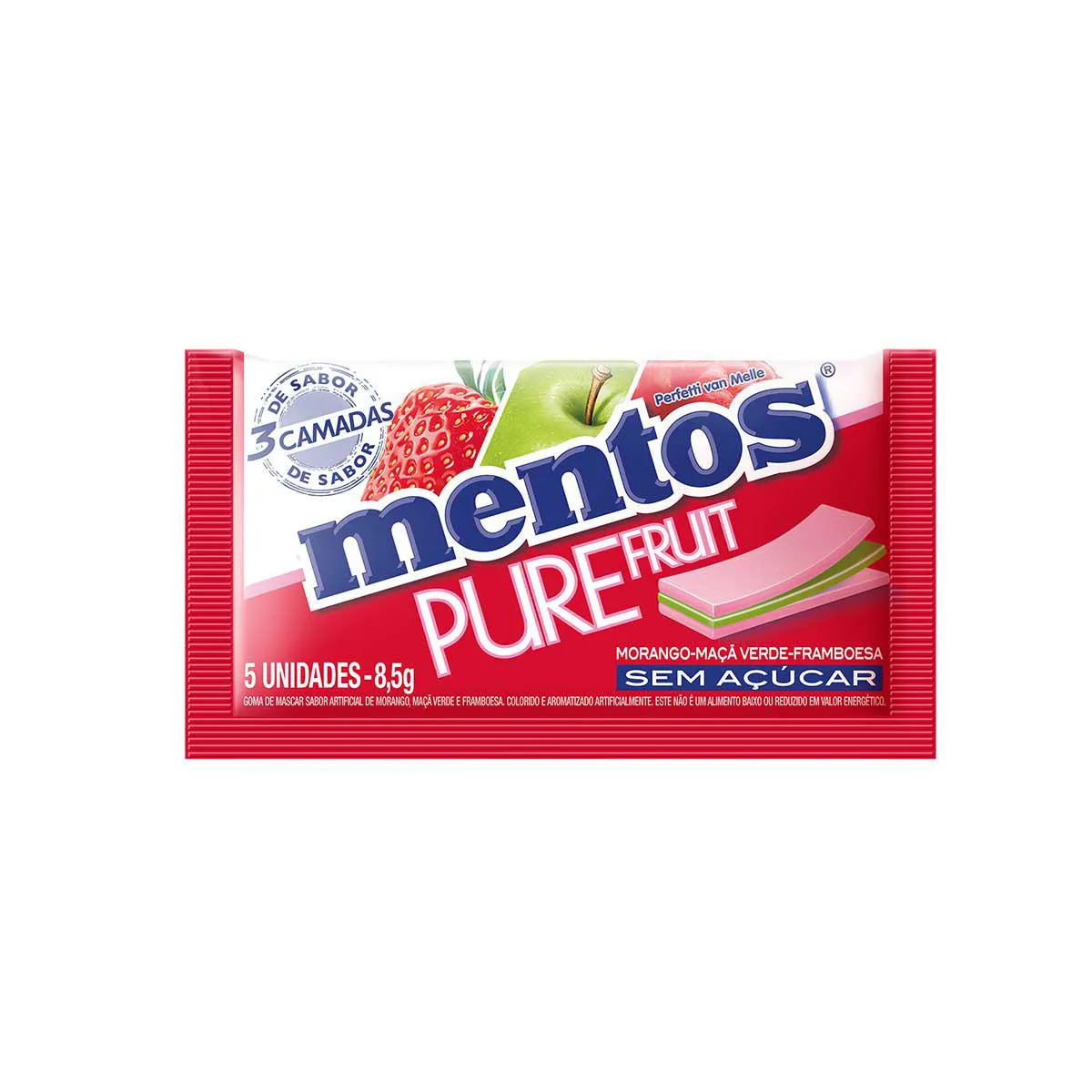 Mentos Pure Fruit Chiclete Sem Açúcar Sabor Morango Maçã Ver Mentos Pure Fruit Chiclete Sem Açúcar Sabor Morango Maçã Verde e Framboesa com 5 unidades - Image 1