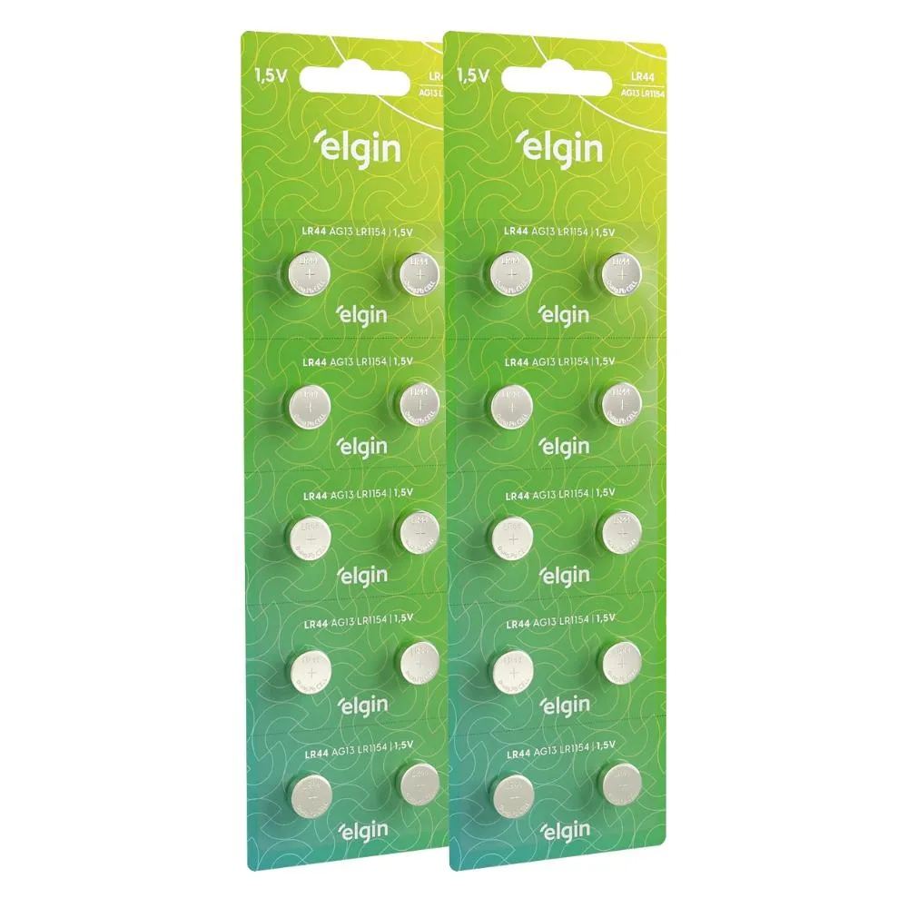 20 Baterias Pilhas Alcalina Lr44 1,5v Blister Cartela Elgin 20 Baterias Pilhas Alcalina Lr44 1,5v Blister Cartela Elgin - Imagem 1