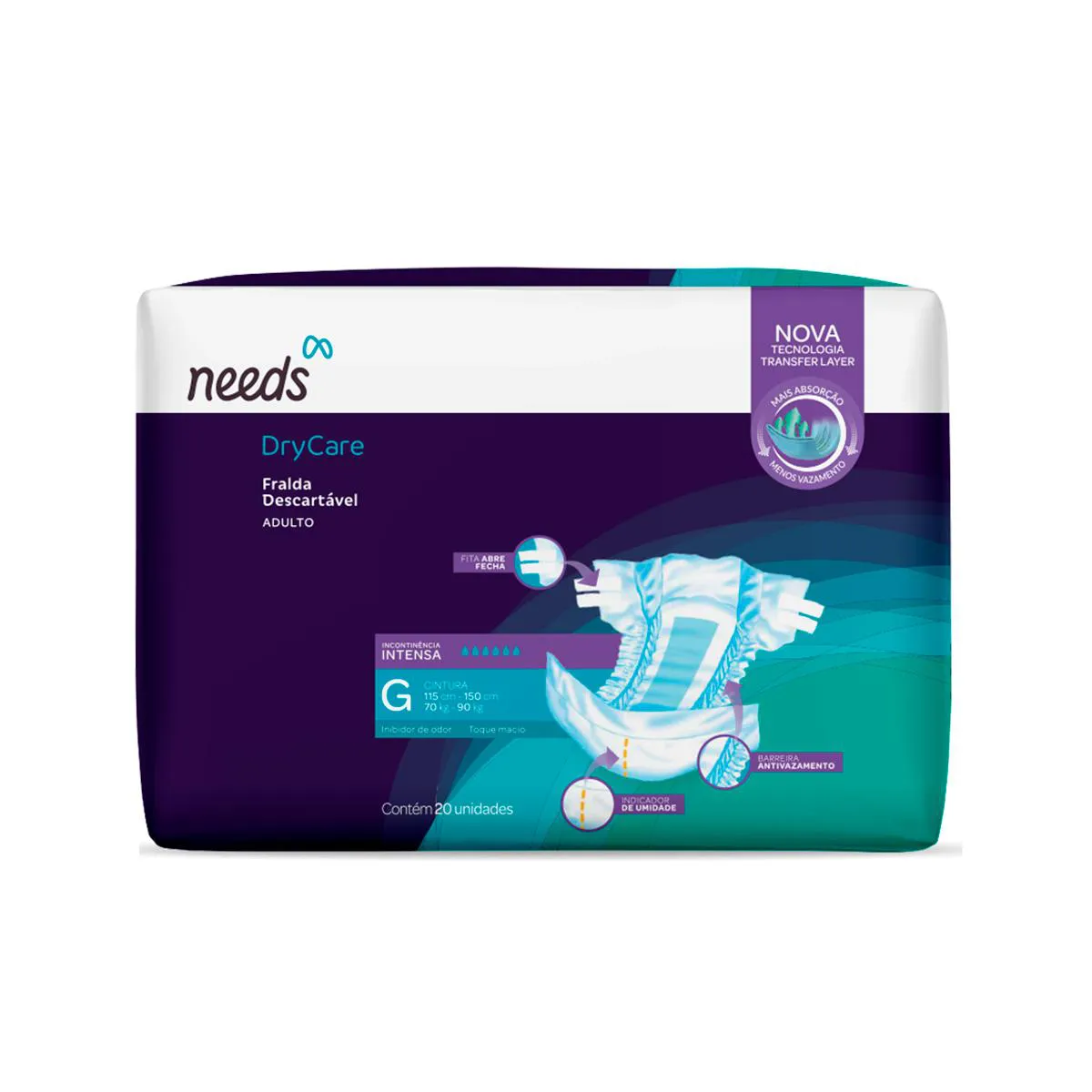 Fralda Geriátrica DryCare descartável Needs G Intensa 20 uni Fralda Geriátrica DryCare descartável Needs G Intensa 20 unidades - Image 1