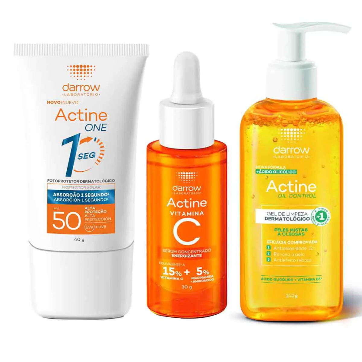 Kit Actine Gel de Limpeza Facial Oil Control Peles Mistas a Kit Actine Gel de Limpeza Facial Oil Control Peles Mistas a Oleosas + Sérum Concentrado Energizante Vitamina C + Protetor Solar Facial Darrow One FPS 50 Sem Cor - Image 1