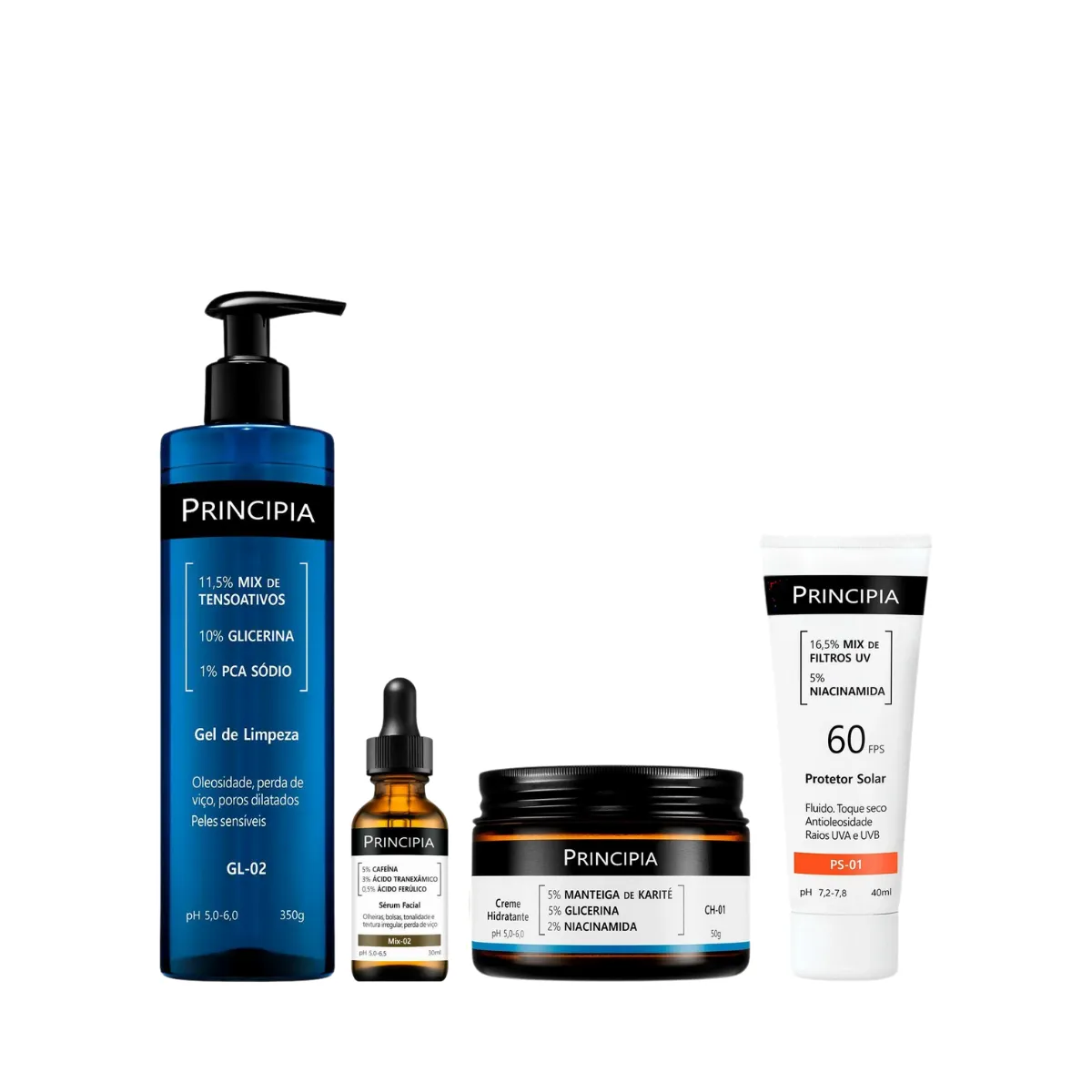 Kit Facial Principia Skincare Gel de Limpeza Suave GL-02 350 Kit Facial Principia Skincare Gel de Limpeza Suave GL-02 350ml + Sérum Anti-Idade Mix-02 30ml + Creme Hidratante CH-01 50g + Protetor Solar PS-01 FPS 60 40ml - Image 1