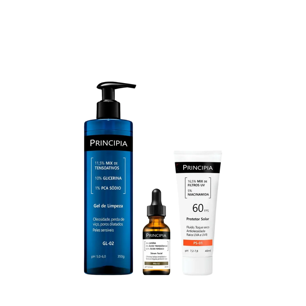 Kit Facial Principia Skincare Gel de Limpeza Suave GL-02 350 Kit Facial Principia Skincare Gel de Limpeza Suave GL-02 350ml + Protetor Solar PS-01 FPS 60 40ml + Sérum Anti-Idade Mix-02 30ml - Image 1
