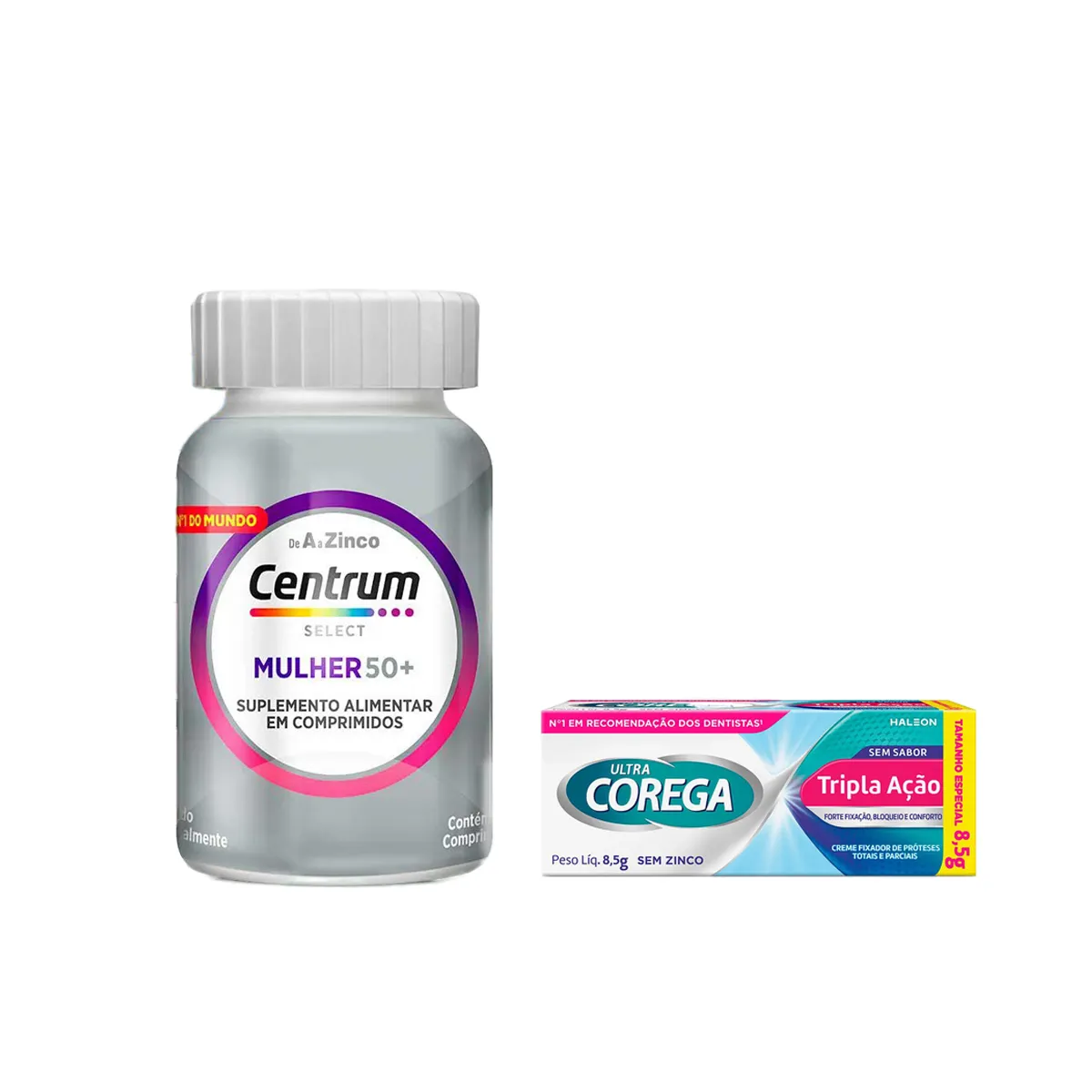 Kit Creme Fixador de Dentadura Ultra Corega Tripla Ação Sem Kit Creme Fixador de Dentadura Ultra Corega Tripla Ação Sem Sabor 8,5g + Polivitamínico Centrum Select Mulher 50+ 60 comprimidos - Image 1