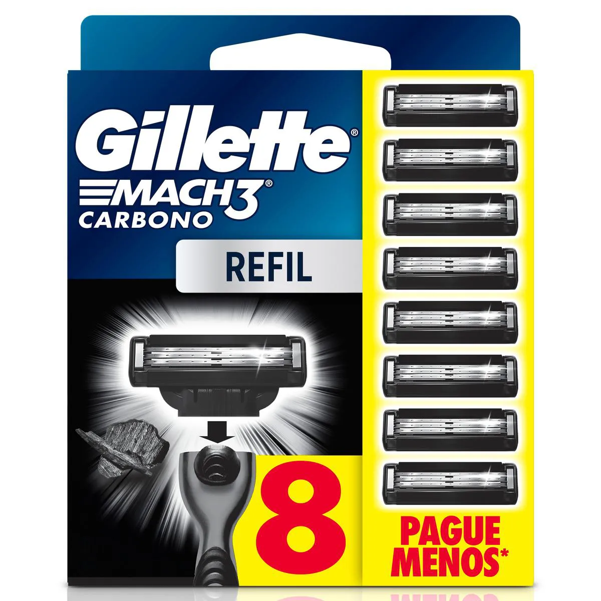 Carga para Aparelho de Barbear Descartável Gillette Mach3 Ca Carga para Aparelho de Barbear Descartável Gillette Mach3 Carbono Carvão Ativado 8 unidades - Image 1