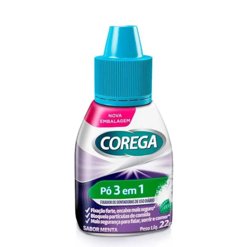 Corega Pó Fixador de Dentadura 3 em 1 Menta 22g Corega Pó Fixador de Dentadura 3 em 1 Menta 22g - Imagem 1