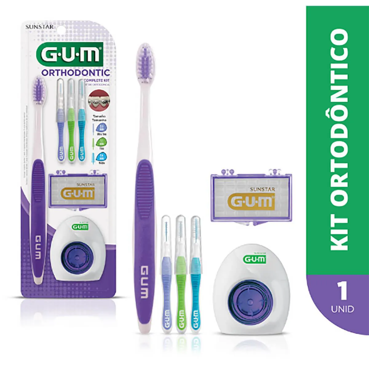 Kit G.U.M Orthodontic Escova de dente + 3 Escovas Interdenta Kit G.U.M Orthodontic Escova de dente + 3 Escovas Interdentais + 5 Bastões de Cera + 5 Fios Dentais - Image 1