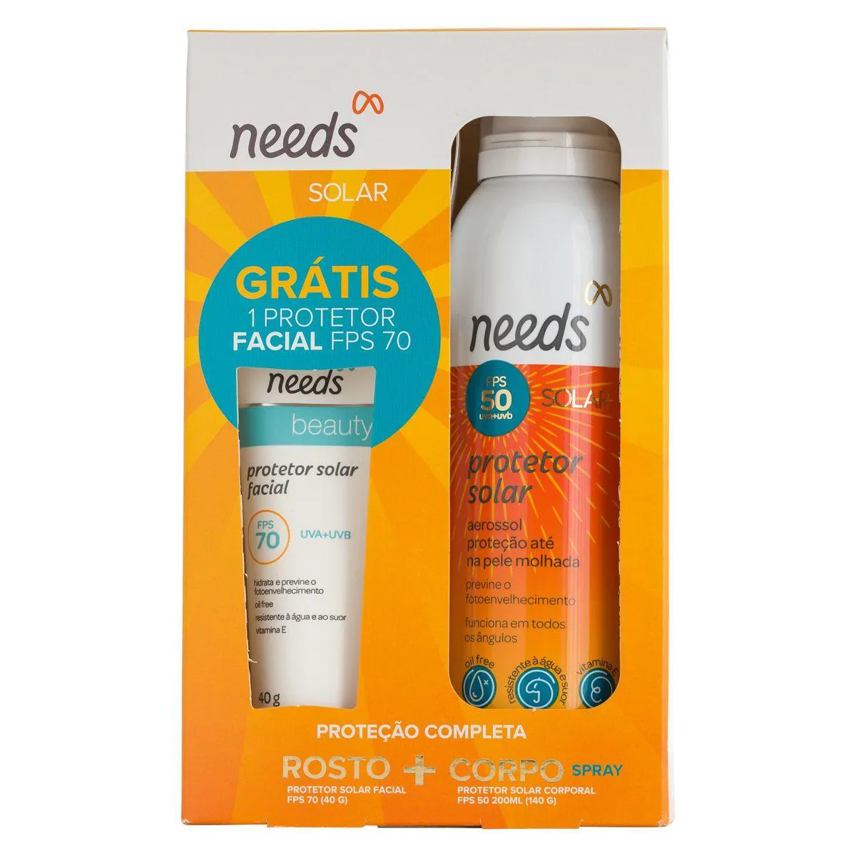 Kit Protetor Solar Needs Facial FPS 70 40g + Corporal FPS 50 Kit Protetor Solar Needs Facial FPS 70 40g + Corporal FPS 50 Aerossol 200ml - Image 1