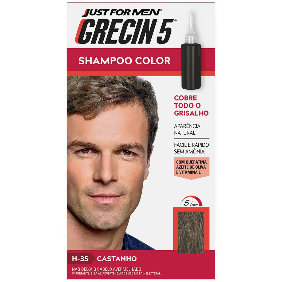 Shampoo Tonalizante Color Just For Men Grecin 5 - H-35 Casta Shampoo Tonalizante Color Just For Men Grecin 5 - H-35 Castanho - Image 1