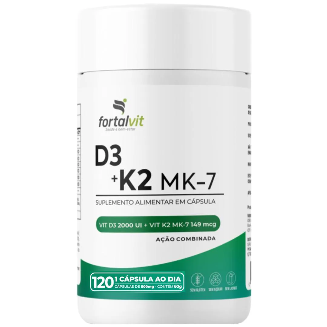 D3 2000UI + Vitamina K2 (Menaquinona-7), 120 Cápsulas, 4 mes D3 2000UI + Vitamina K2 (Menaquinona-7), 120 Cápsulas, 4 meses, Ação Combinada, Fortalvit - Imagem 1